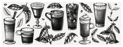 Hand-sketched coffee illustrations collection. Vector sketches of glasses and mugs with aromatic caffeine drinks. Botanical coffee plants, leaves and beans in vintage style. Vector beverages set.